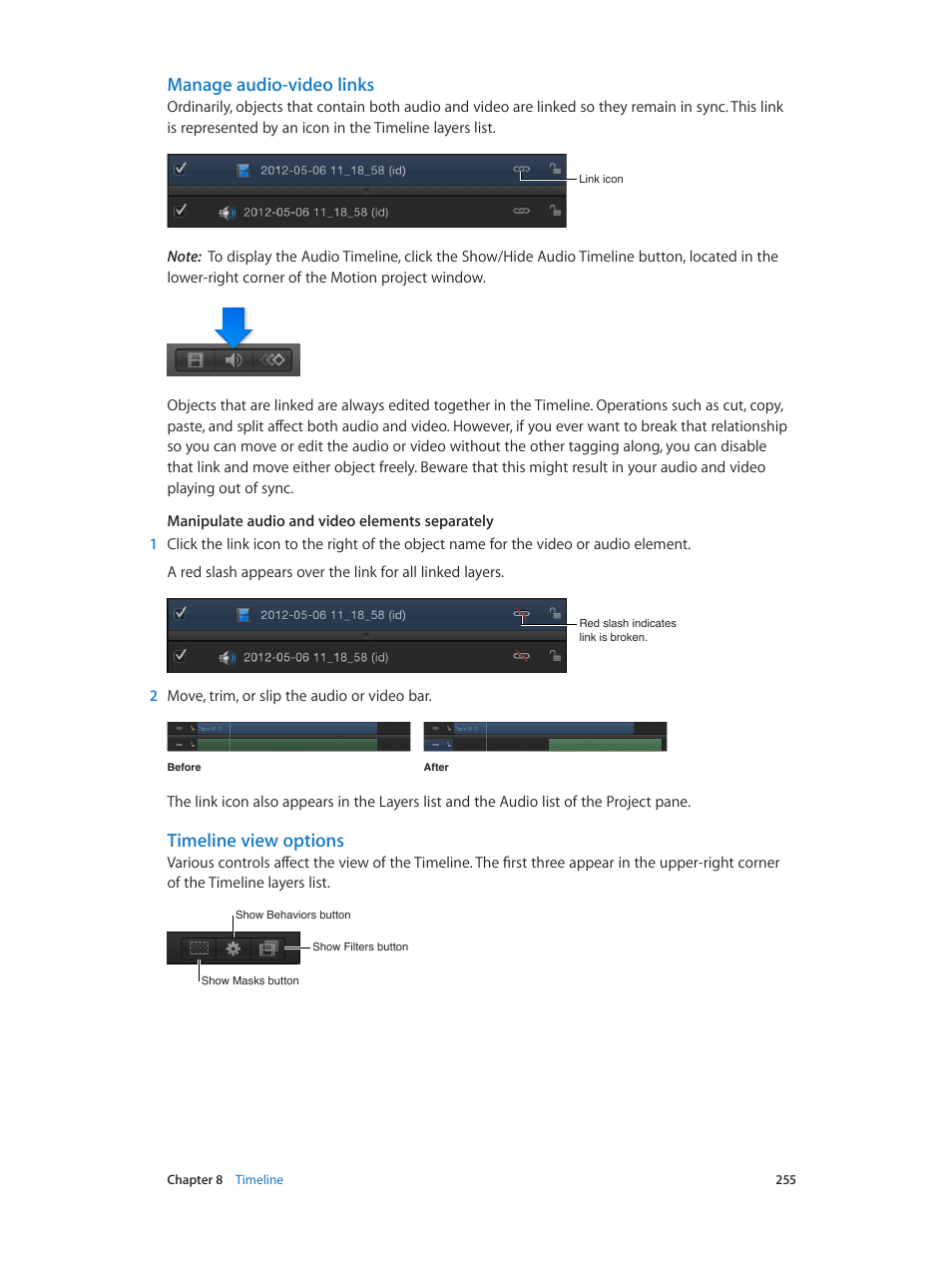 Manage audio-video links, Timeline view options | Apple Motion 5.1.1 User Manual | Page 255 / 1090