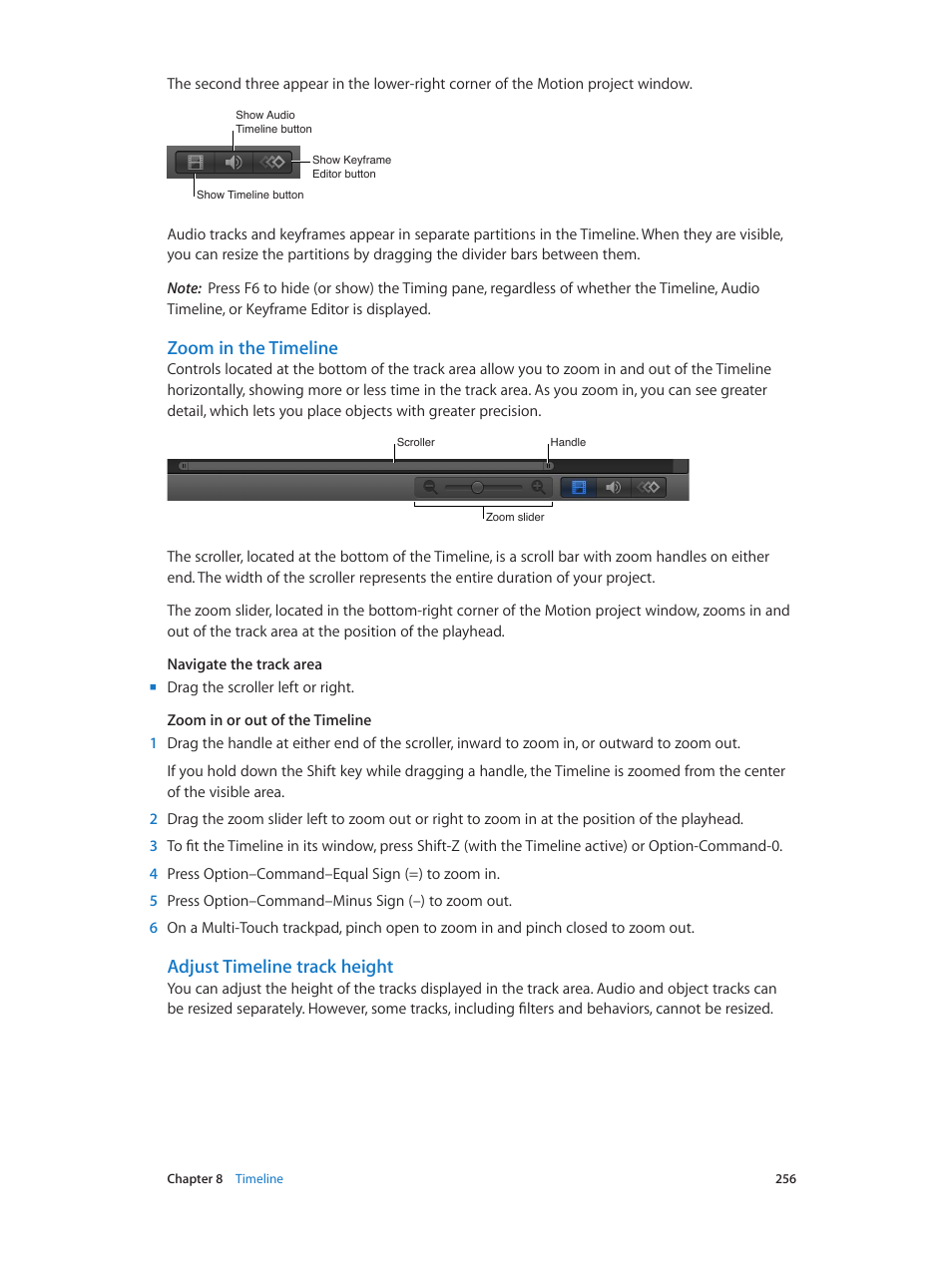 Zoom in the timeline, Adjust timeline track height | Apple Motion 5.1.1 User Manual | Page 256 / 1090