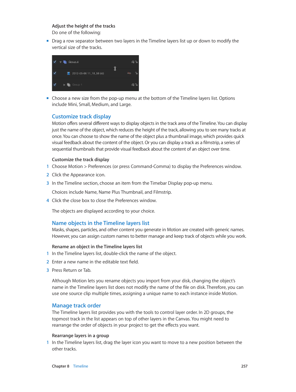 Customize track display, Name objects in the timeline layers list, Manage track order | Customize track, Display | Apple Motion 5.1.1 User Manual | Page 257 / 1090