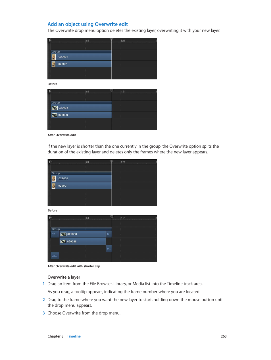 Add an object using overwrite edit | Apple Motion 5.1.1 User Manual | Page 263 / 1090