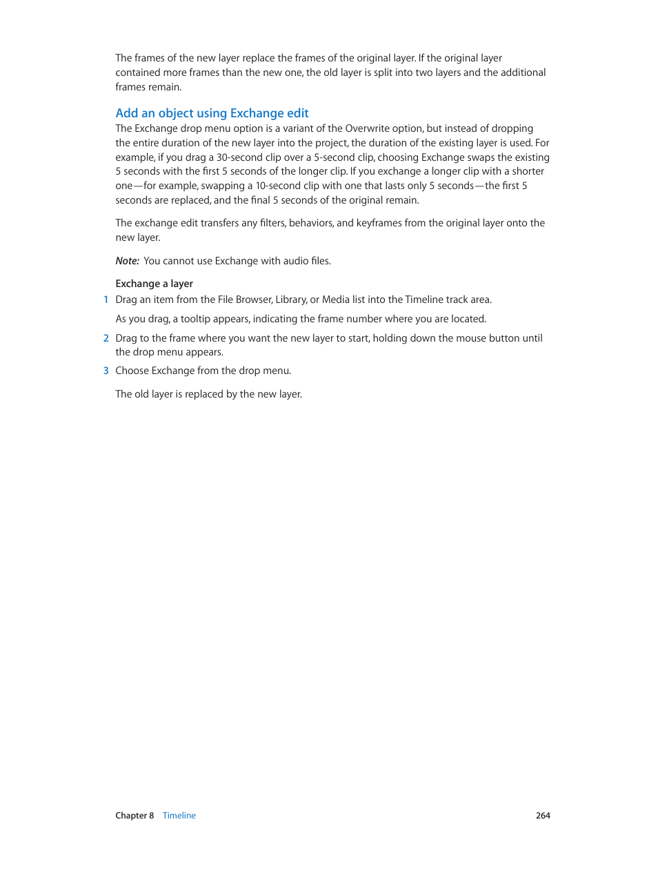 Add an object using exchange edit | Apple Motion 5.1.1 User Manual | Page 264 / 1090