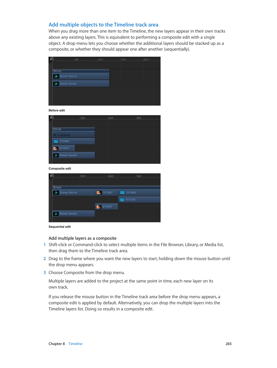 Add multiple objects to the timeline track area | Apple Motion 5.1.1 User Manual | Page 265 / 1090