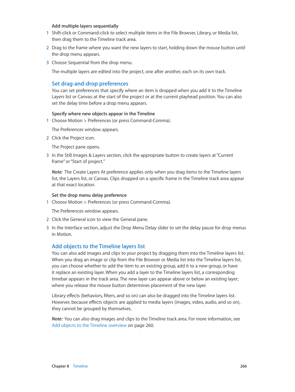 Set drag-and-drop preferences, Add objects to the timeline layers list | Apple Motion 5.1.1 User Manual | Page 266 / 1090