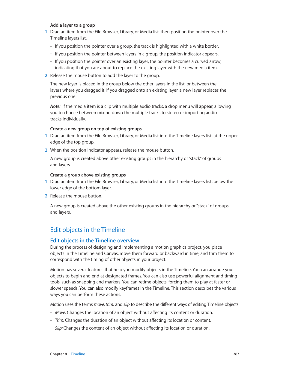Edit objects in the timeline, Edit objects in the timeline overview, 267 edit objects in the timeline 267 | Edit objects in, The timeline overview | Apple Motion 5.1.1 User Manual | Page 267 / 1090