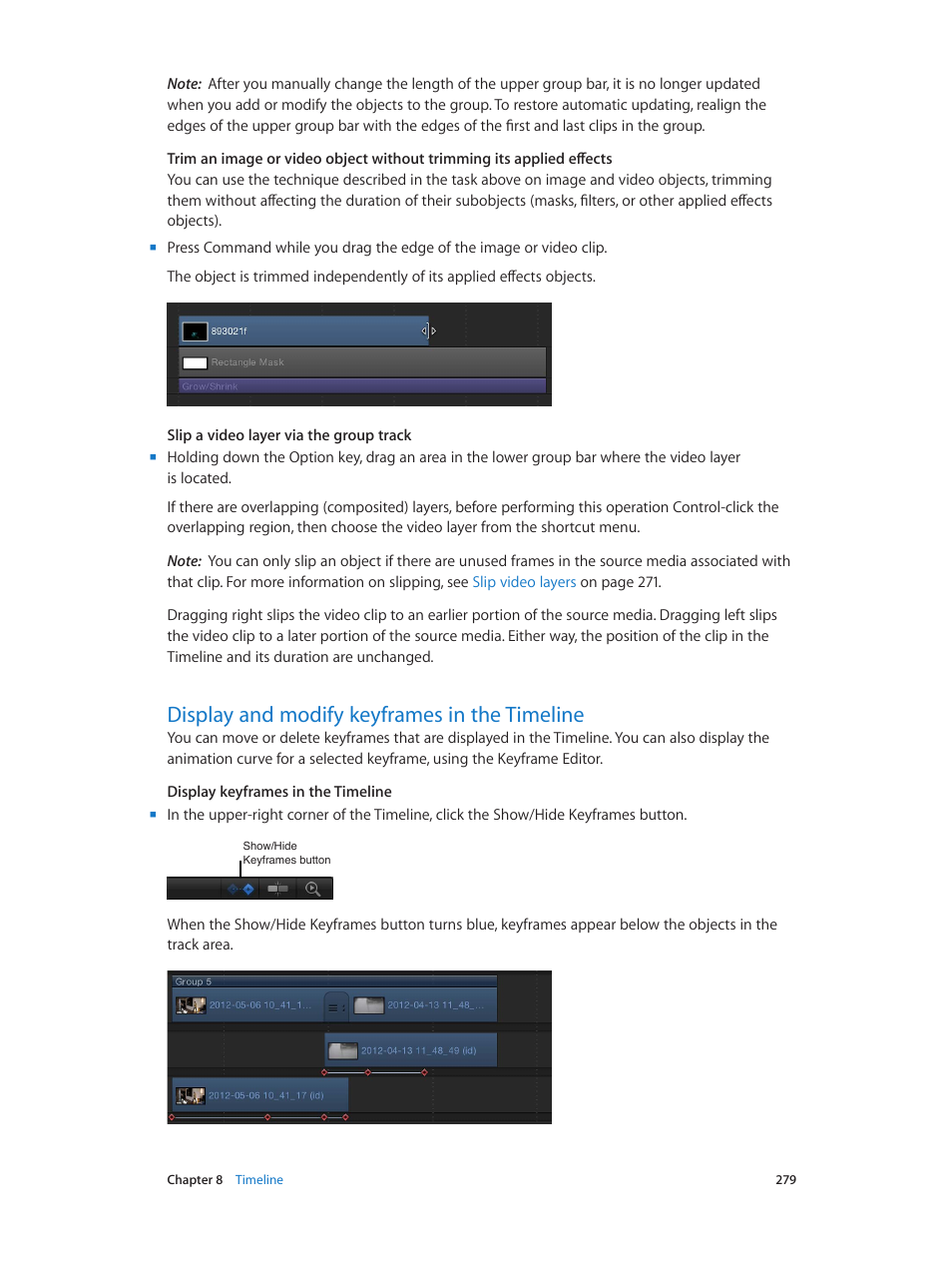 Display and modify keyframes in the timeline, 279 display and modify keyframes in the timeline | Apple Motion 5.1.1 User Manual | Page 279 / 1090