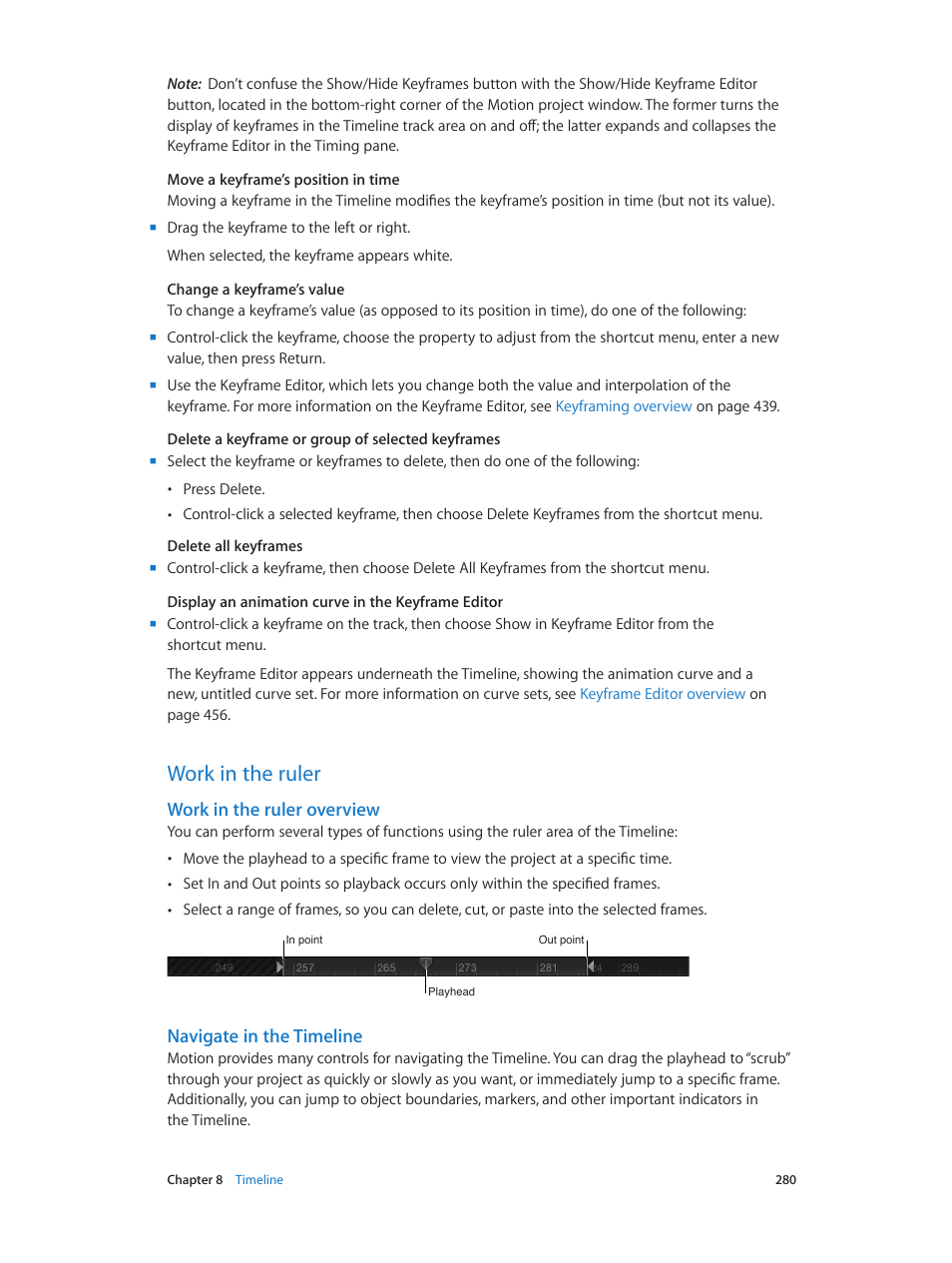 Work in the ruler, Work in the ruler overview, Navigate in the timeline | 280 work in the ruler 280 | Apple Motion 5.1.1 User Manual | Page 280 / 1090