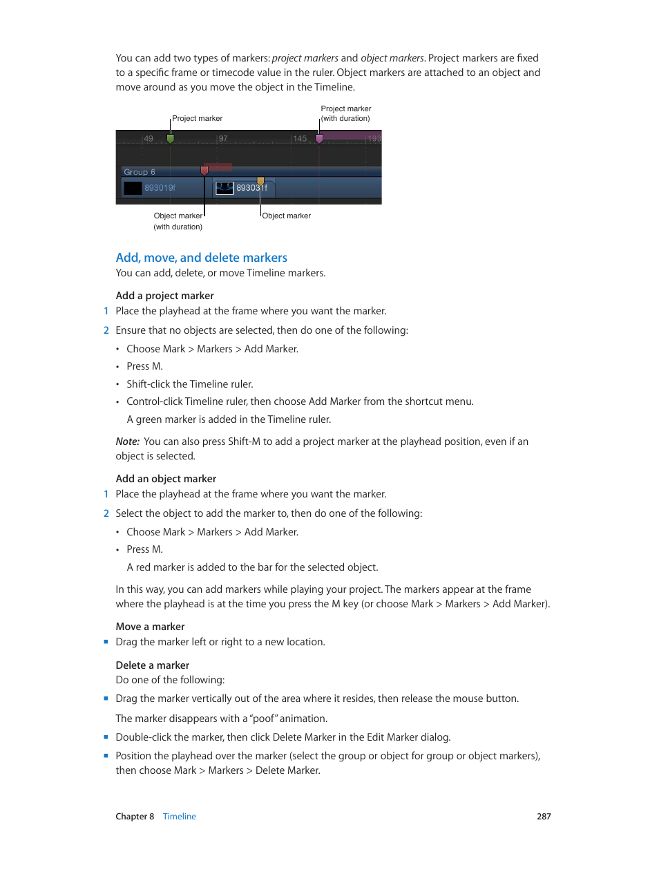 Add, move, and delete markers | Apple Motion 5.1.1 User Manual | Page 287 / 1090