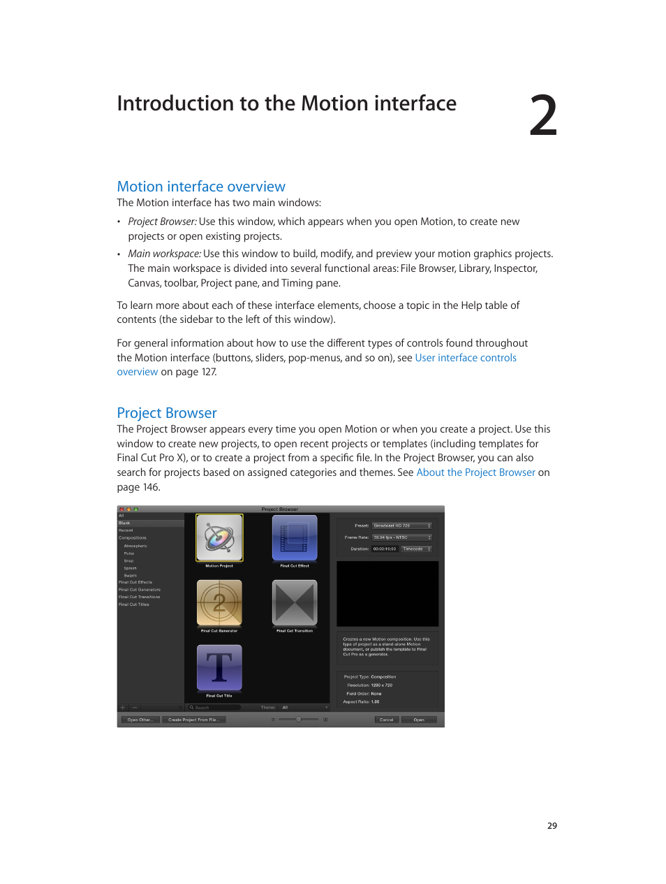 Chapter 2: introduction to the motion interface, Motion interface overview, Project browser | 29 motion interface overview 29 project browser, Introduction to the motion interface | Apple Motion 5.1.1 User Manual | Page 29 / 1090