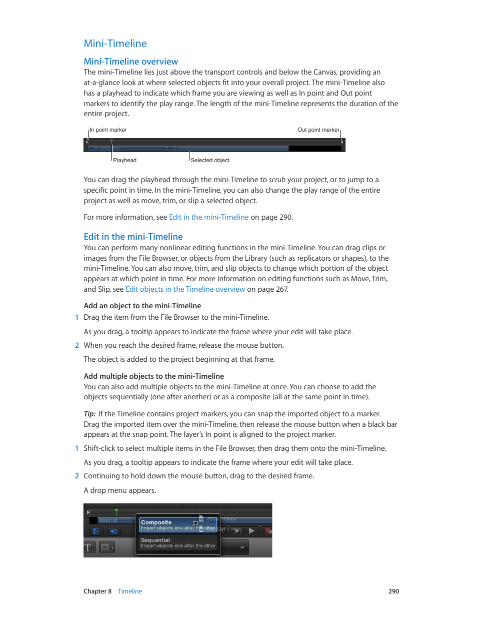 Mini-timeline, Mini-timeline overview, Edit in the mini-timeline | 290 mini-timeline 290 | Apple Motion 5.1.1 User Manual | Page 290 / 1090