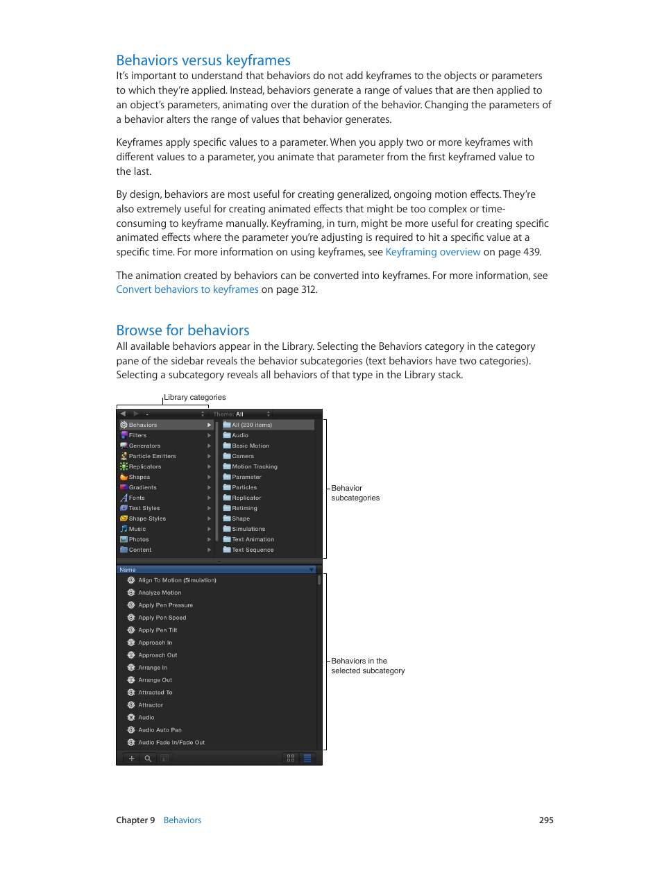 Behaviors versus keyframes, Browse for behaviors | Apple Motion 5.1.1 User Manual | Page 295 / 1090