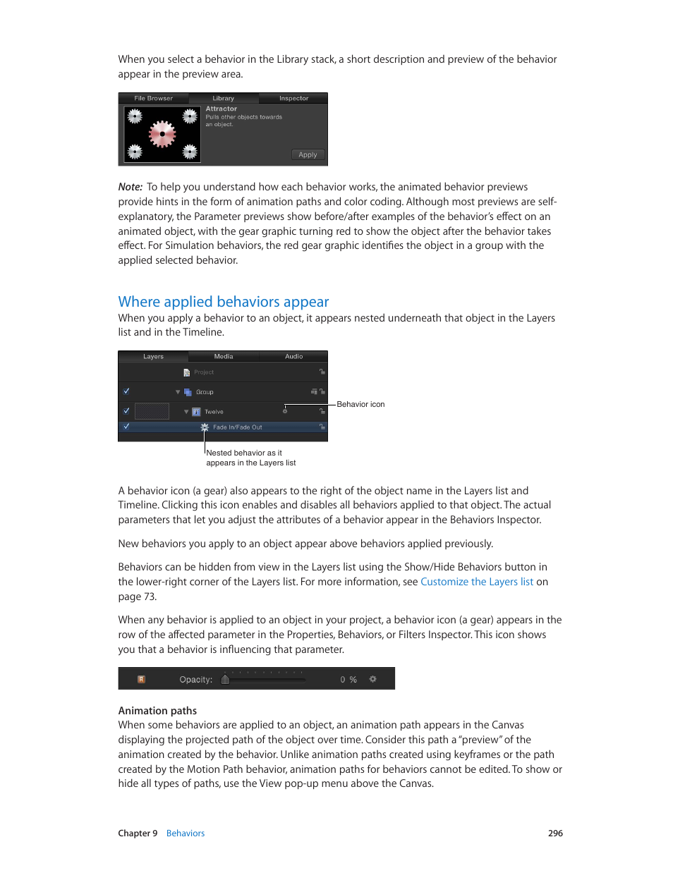 Where applied behaviors appear, 296 where applied behaviors appear | Apple Motion 5.1.1 User Manual | Page 296 / 1090