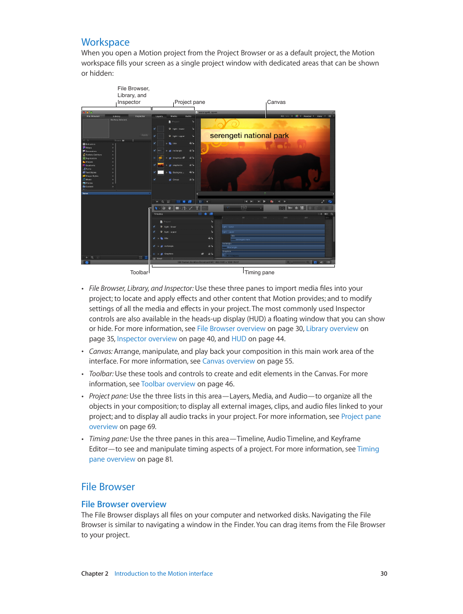 Workspace, File browser, File browser overview | 30 workspace 30 file browser 30 | Apple Motion 5.1.1 User Manual | Page 30 / 1090