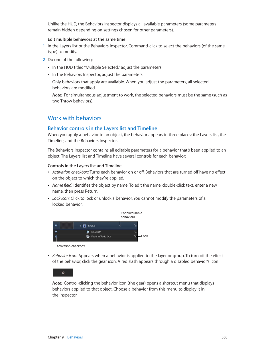 Work with behaviors, Behavior controls in the layers list and timeline, 303 work with behaviors 303 | Behavior, Controls in the layers list and timeline | Apple Motion 5.1.1 User Manual | Page 303 / 1090