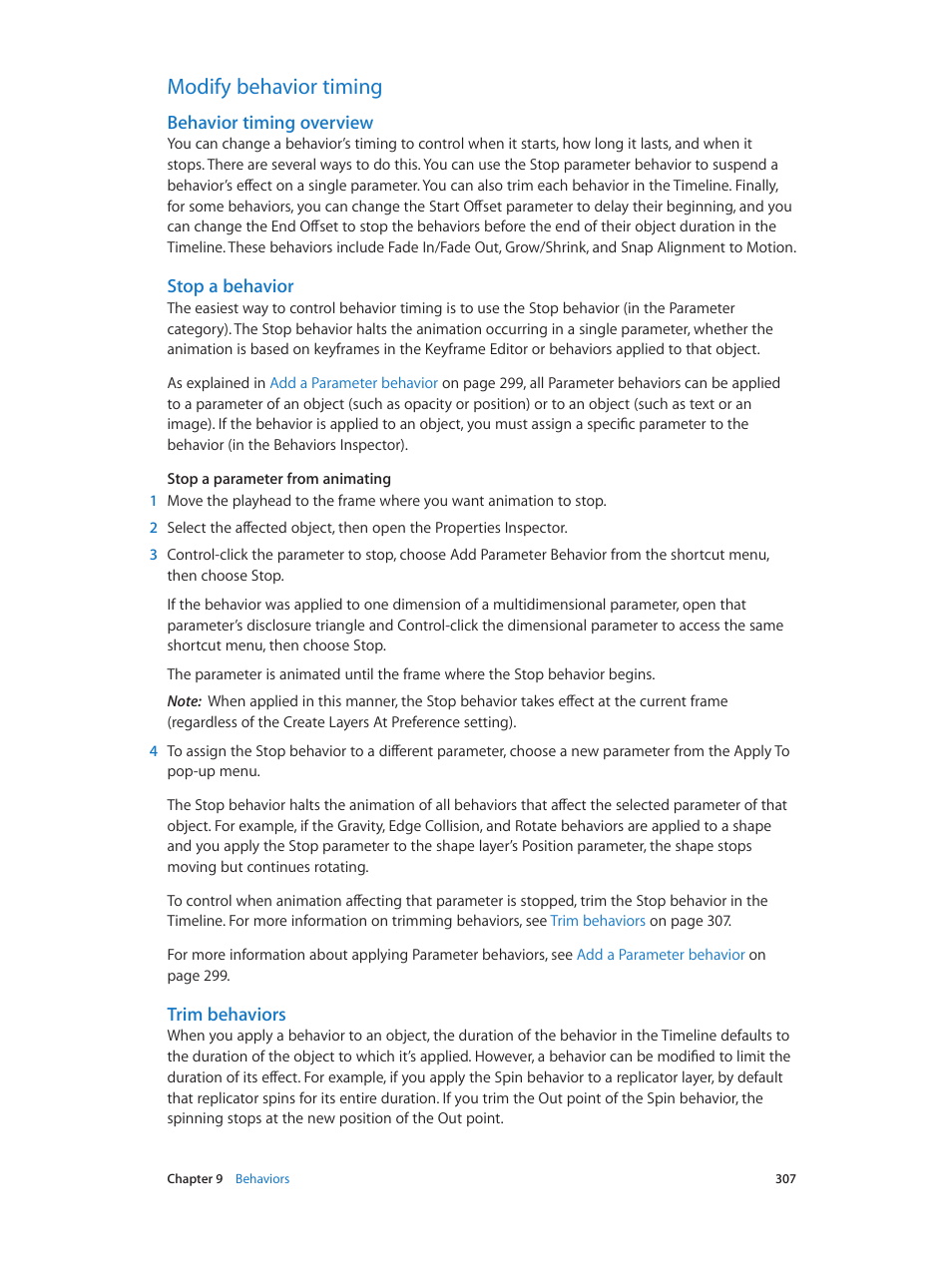 Modify behavior timing, Behavior timing overview, Stop a behavior | Trim behaviors, 307 modify behavior timing 307 | Apple Motion 5.1.1 User Manual | Page 307 / 1090