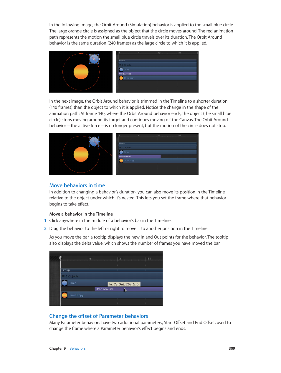 Move behaviors in time, Change the offset of parameter behaviors | Apple Motion 5.1.1 User Manual | Page 309 / 1090