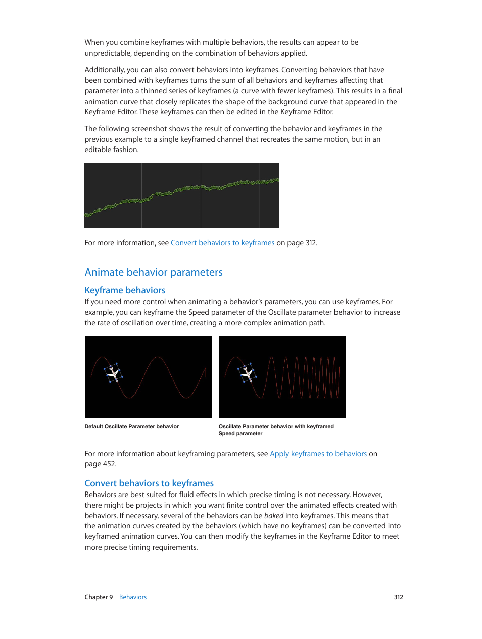 Animate behavior parameters, Keyframe behaviors, Convert behaviors to keyframes | 312 animate behavior parameters 312 | Apple Motion 5.1.1 User Manual | Page 312 / 1090