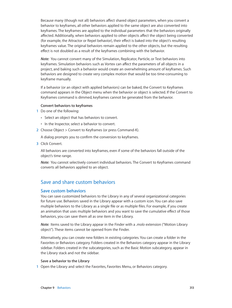 Save and share custom behaviors, Save custom behaviors, 313 save and share custom behaviors 313 | Apple Motion 5.1.1 User Manual | Page 313 / 1090