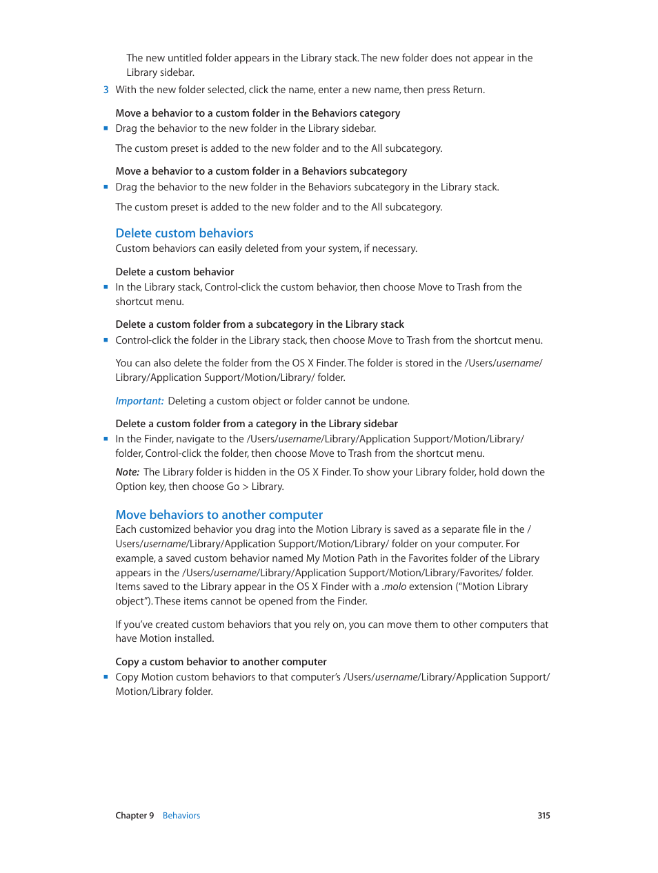 Delete custom behaviors, Move behaviors to another computer | Apple Motion 5.1.1 User Manual | Page 315 / 1090