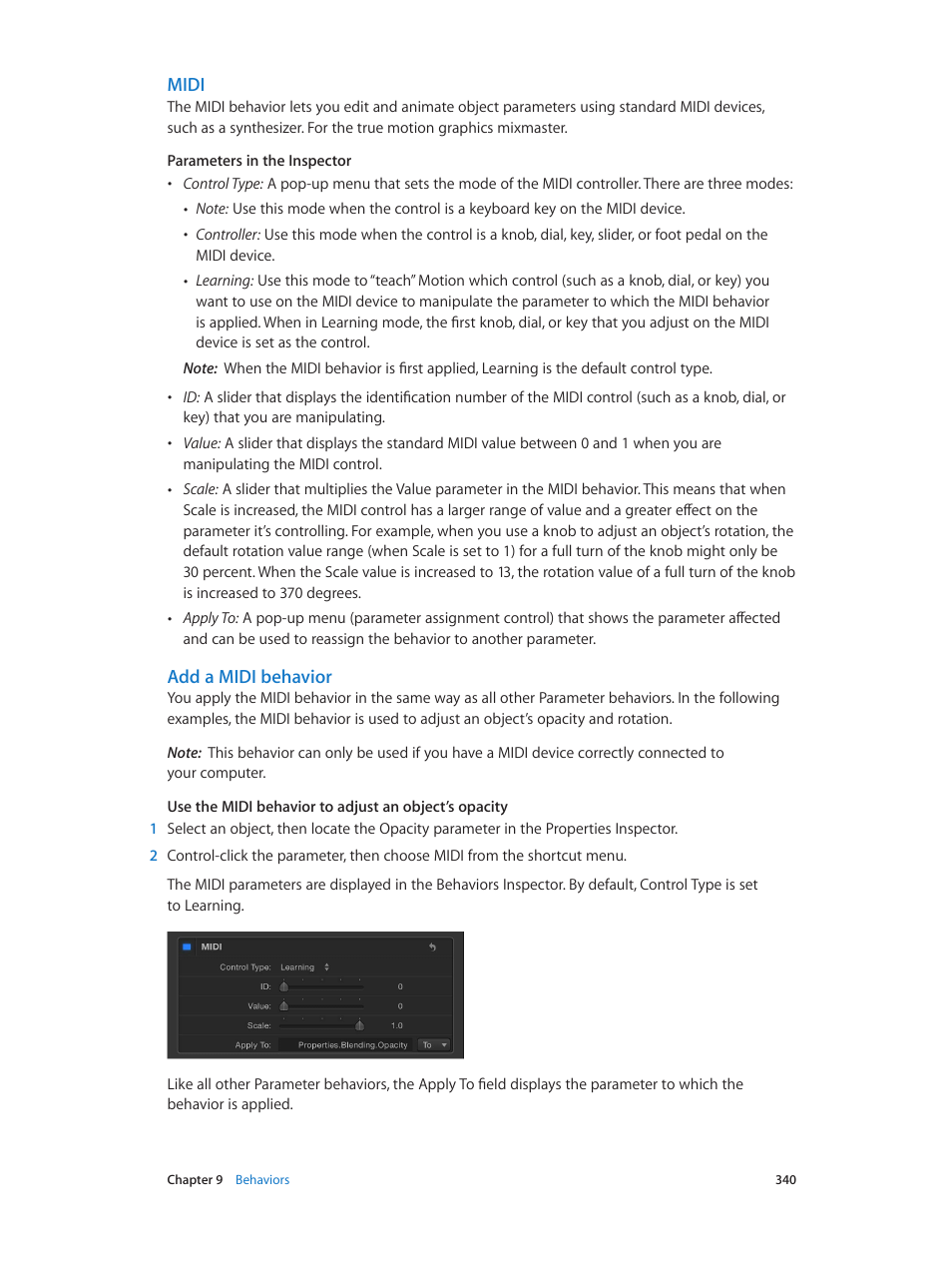 Midi, Add a midi behavior | Apple Motion 5.1.1 User Manual | Page 340 / 1090