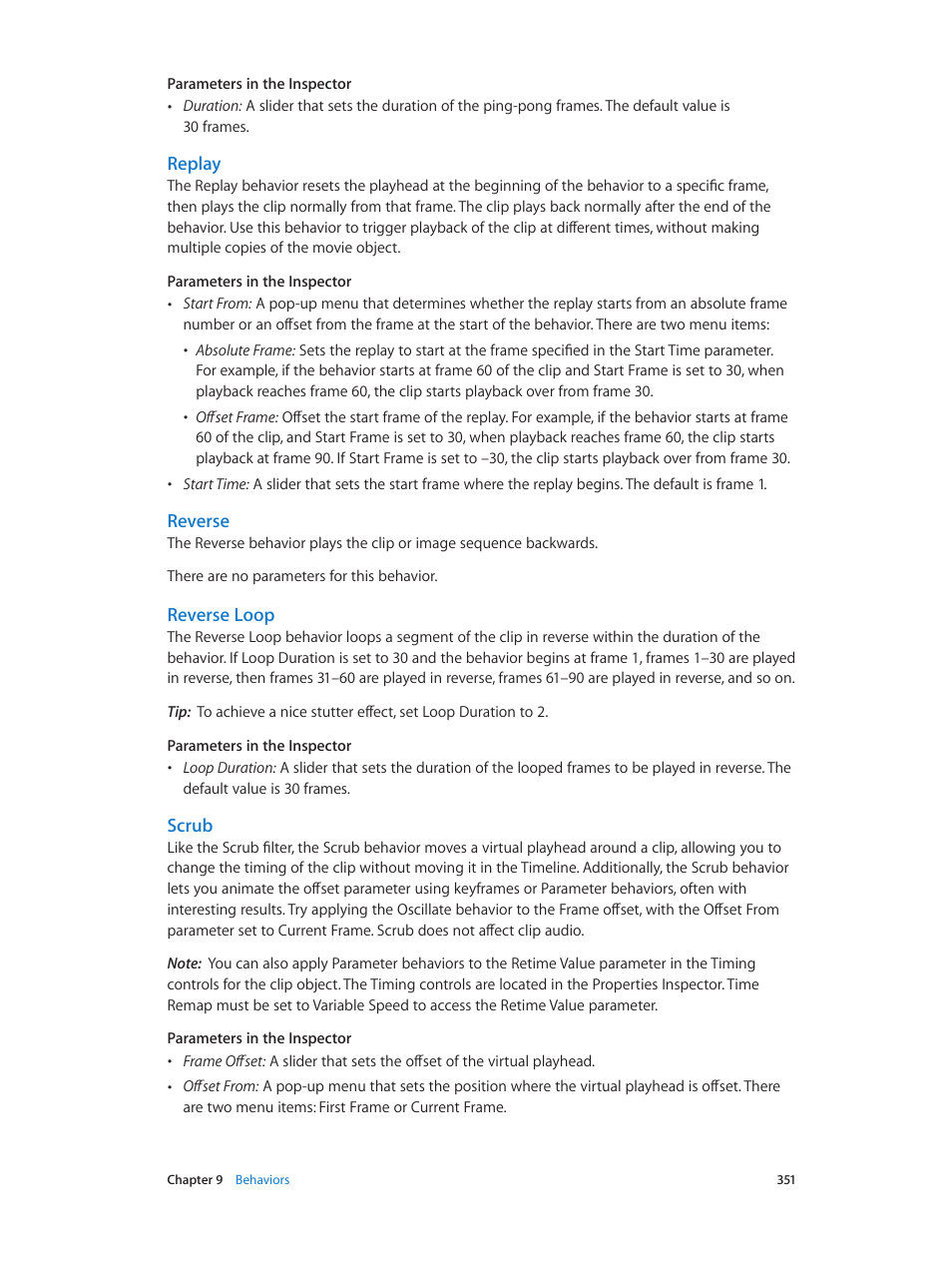 Replay, Reverse, Reverse loop | Scrub | Apple Motion 5.1.1 User Manual | Page 351 / 1090