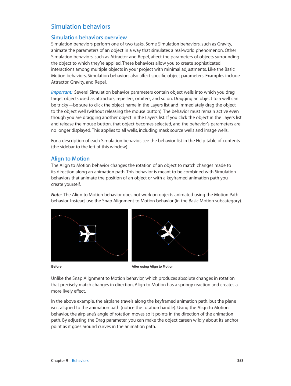Simulation behaviors, Simulation behaviors overview, Align to motion | 353 simulation behaviors 353 | Apple Motion 5.1.1 User Manual | Page 353 / 1090