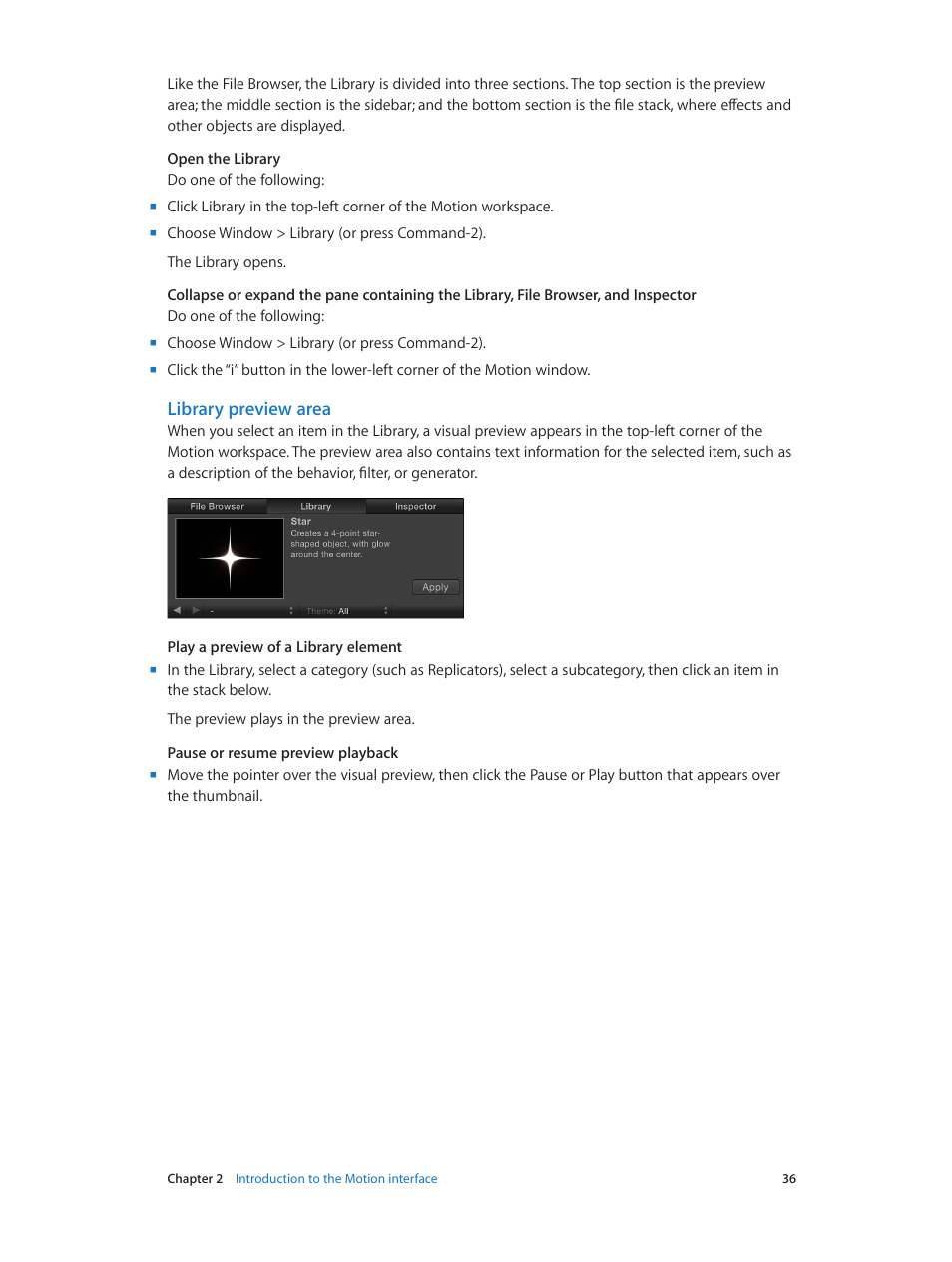 Library preview area | Apple Motion 5.1.1 User Manual | Page 36 / 1090