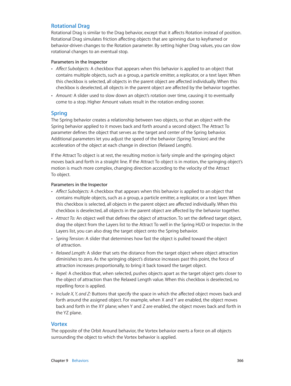 Rotational drag, Spring, Vortex | Apple Motion 5.1.1 User Manual | Page 366 / 1090