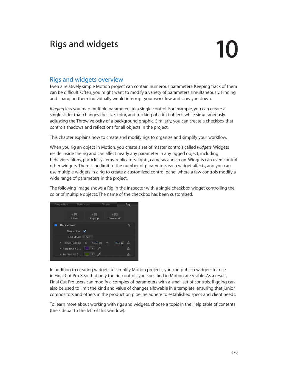 Chapter 10: rigs and widgets, Rigs and widgets overview, 370 rigs and widgets overview | Rigs and widgets | Apple Motion 5.1.1 User Manual | Page 370 / 1090