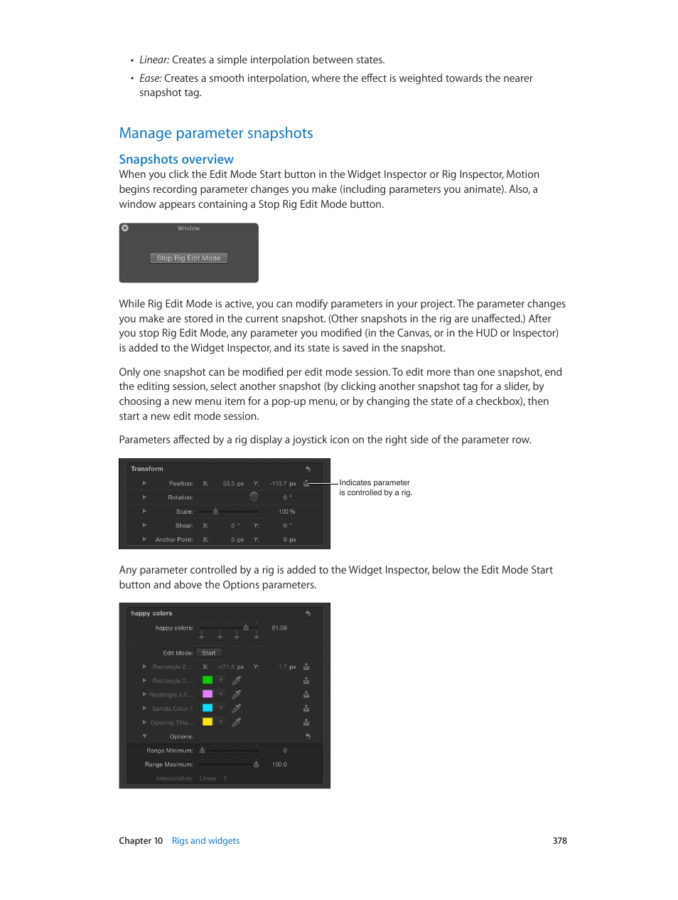 Manage parameter snapshots, Snapshots overview, 378 manage parameter snapshots 378 | Snapshots, Overview | Apple Motion 5.1.1 User Manual | Page 378 / 1090