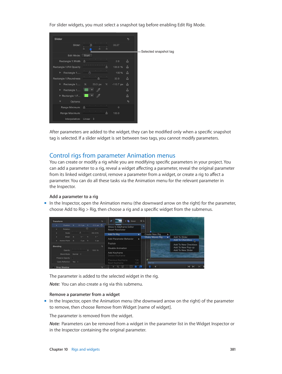 Control rigs from parameter animation menus, 381 control rigs from parameter animation menus, Control rigs | From parameter animation menus, Control rigs from parameter, Animation menus | Apple Motion 5.1.1 User Manual | Page 381 / 1090