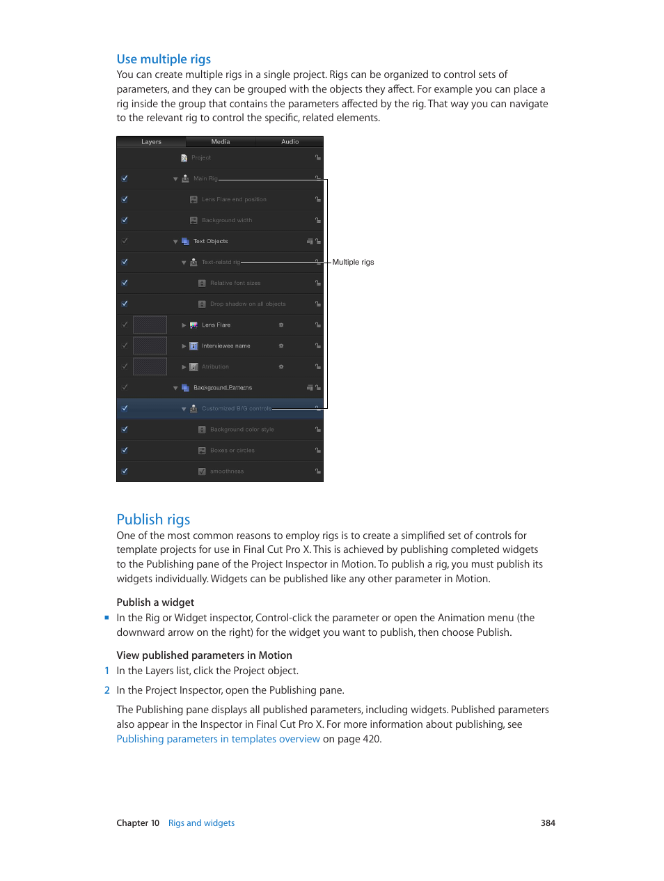 Use multiple rigs, Publish rigs, 384 publish rigs | Apple Motion 5.1.1 User Manual | Page 384 / 1090
