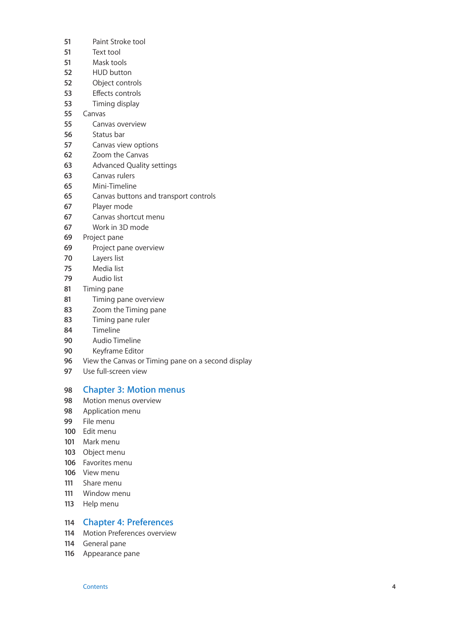 Chapter 3: motion menus, Chapter 4: preferences | Apple Motion 5.1.1 User Manual | Page 4 / 1090