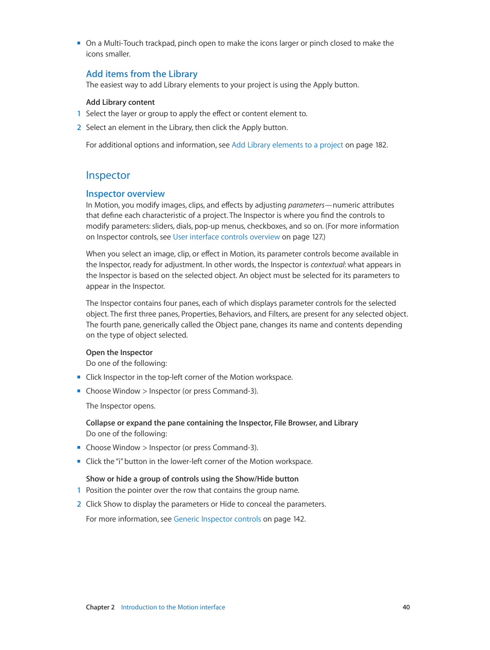 Add items from the library, Inspector, Inspector overview | 40 inspector 40 | Apple Motion 5.1.1 User Manual | Page 40 / 1090