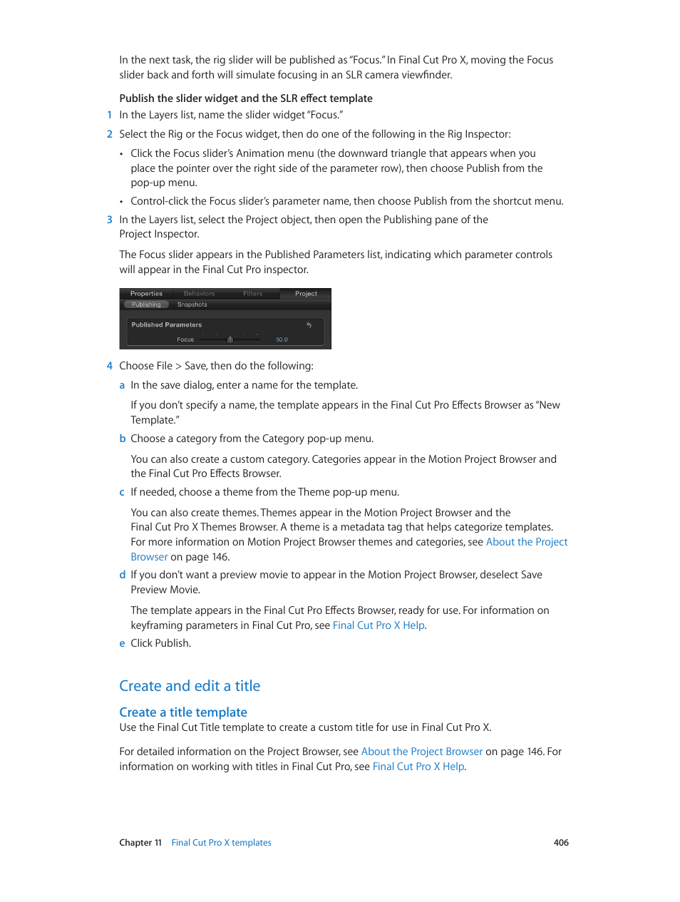 Create and edit a title, Create a title template, 406 create and edit a title 406 | Apple Motion 5.1.1 User Manual | Page 406 / 1090