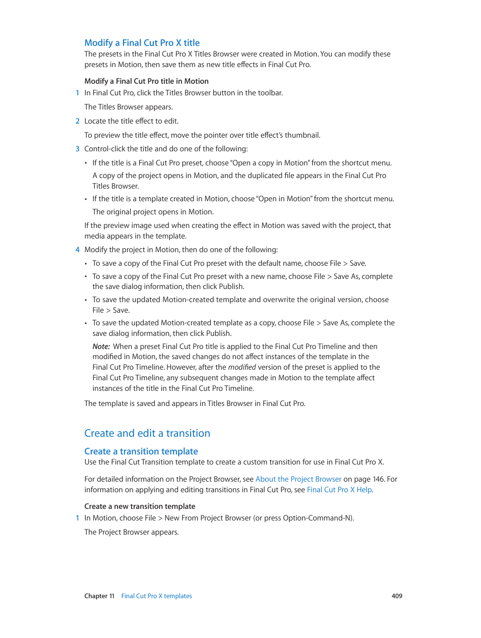 Modify a final cut pro x title, Create and edit a transition, Create a transition template | 409 create and edit a transition 409 | Apple Motion 5.1.1 User Manual | Page 409 / 1090