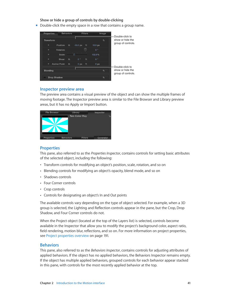 Inspector preview area, Properties, Behaviors | Apple Motion 5.1.1 User Manual | Page 41 / 1090