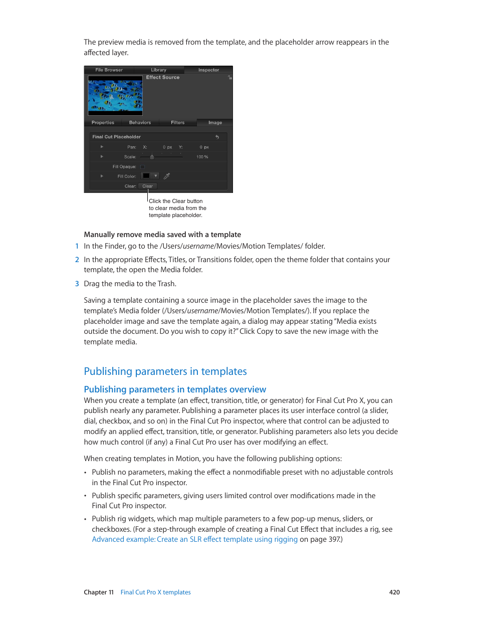 Publishing parameters in templates, Publishing parameters in templates overview, 420 publishing parameters in templates 420 | Publishing, Parameters in templates overview, Publishing parameters in, Templates overview, Publishing parameters, In templates overview | Apple Motion 5.1.1 User Manual | Page 420 / 1090