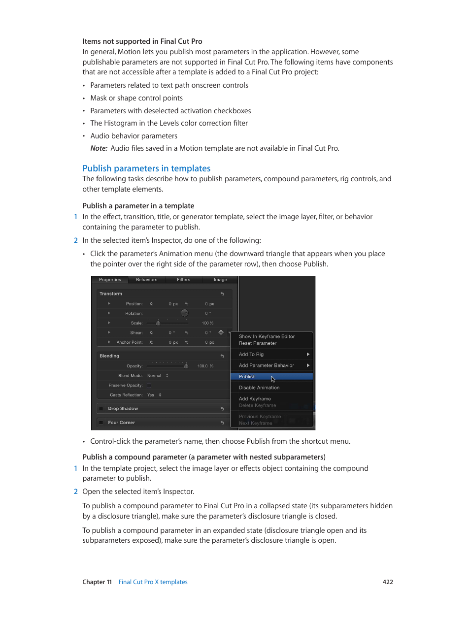 Publish parameters in templates | Apple Motion 5.1.1 User Manual | Page 422 / 1090