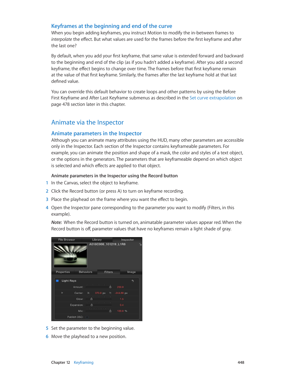 Keyframes at the beginning and end of the curve, Animate via the inspector, Animate parameters in the inspector | 448 animate via the inspector 448 | Apple Motion 5.1.1 User Manual | Page 448 / 1090