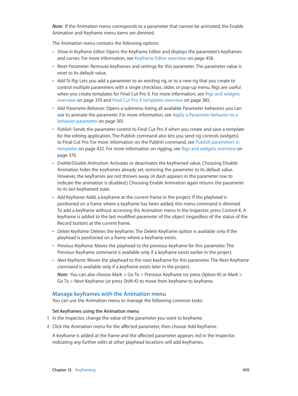 Manage keyframes with the animation menu | Apple Motion 5.1.1 User Manual | Page 450 / 1090