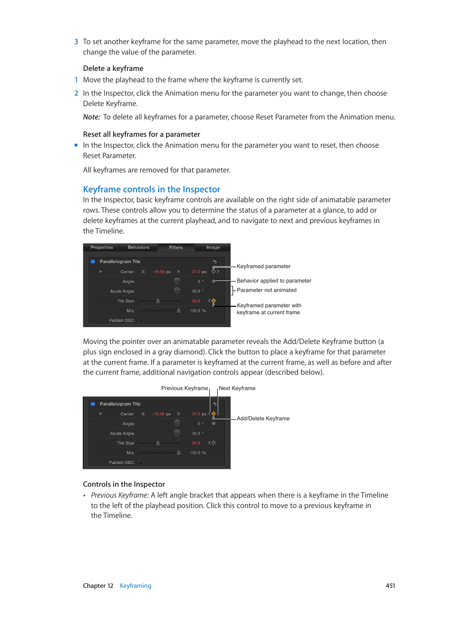Keyframe controls in the inspector | Apple Motion 5.1.1 User Manual | Page 451 / 1090