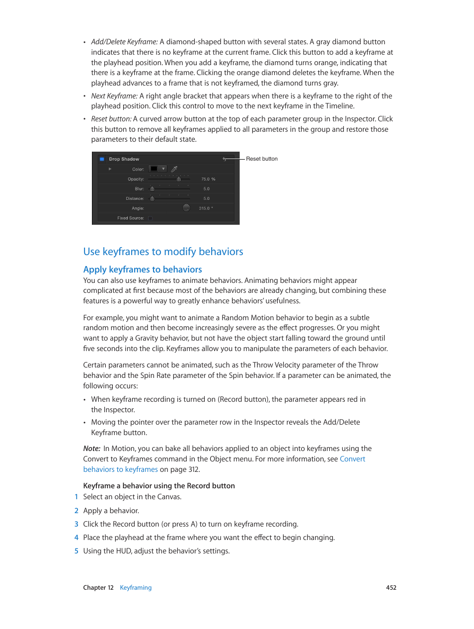 Use keyframes to modify behaviors, Apply keyframes to behaviors, 452 use keyframes to modify behaviors 452 | Apple Motion 5.1.1 User Manual | Page 452 / 1090