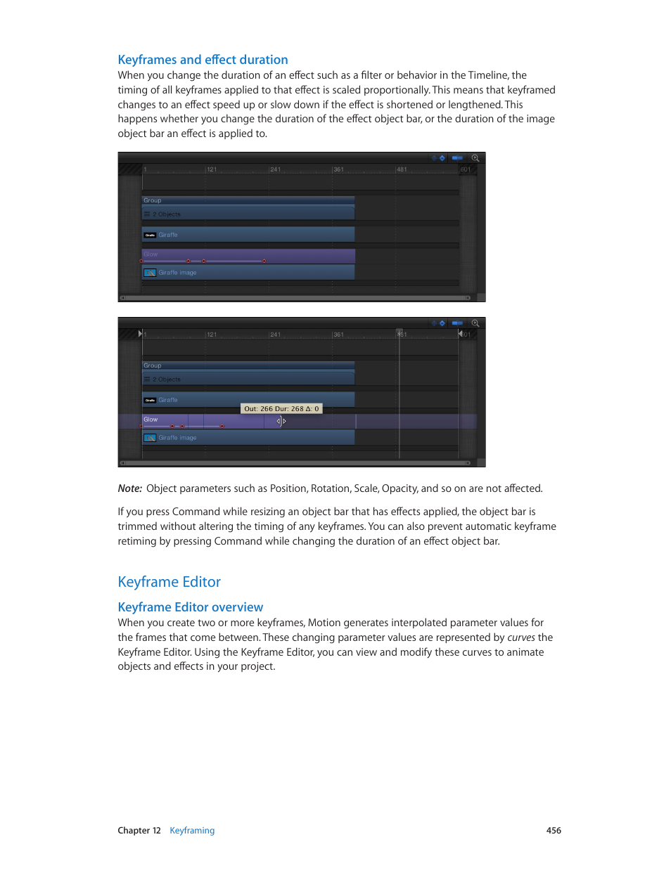 Keyframes and effect duration, Keyframe editor, Keyframe editor overview | 456 keyframe editor 456 | Apple Motion 5.1.1 User Manual | Page 456 / 1090