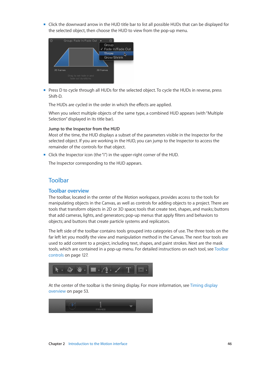 Toolbar, Toolbar overview, 46 toolbar 46 | Apple Motion 5.1.1 User Manual | Page 46 / 1090