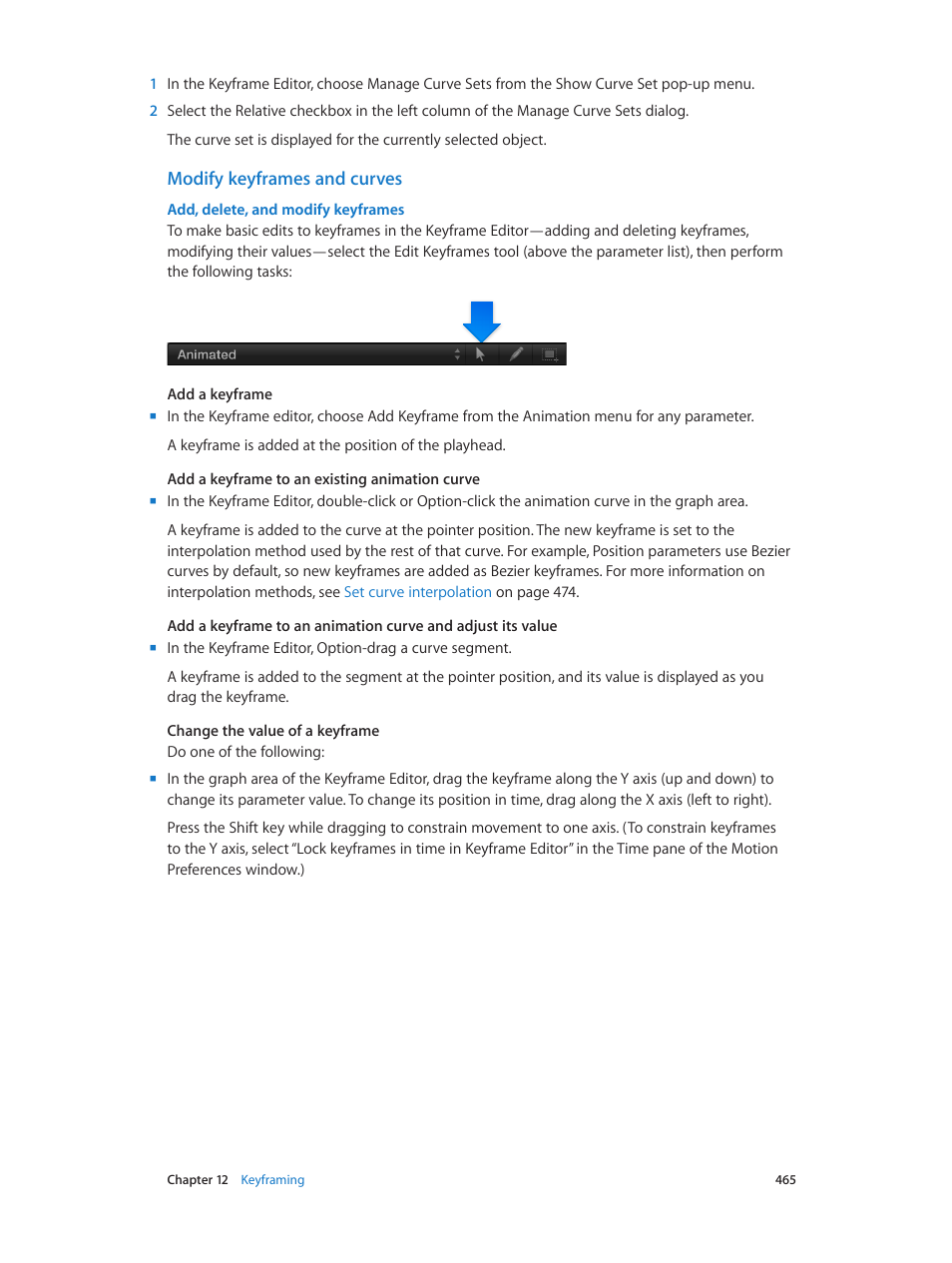 Modify keyframes and curves, Add, delete, and, Modify keyframes | Add, delete, and modify keyframes, Add, delete, and modify, Keyframes | Apple Motion 5.1.1 User Manual | Page 465 / 1090