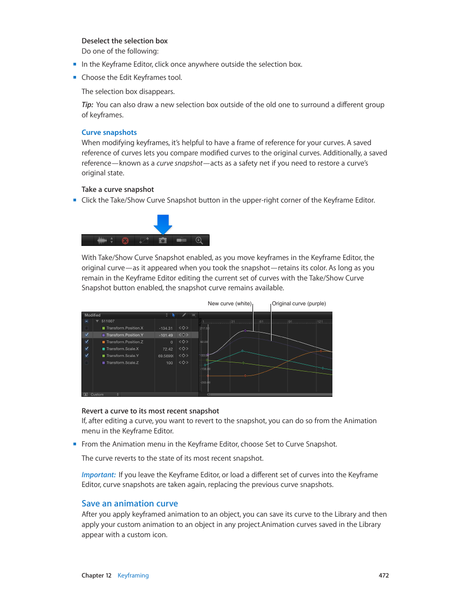 Save an animation curve, Curve, Snapshots | Curve snapshots | Apple Motion 5.1.1 User Manual | Page 472 / 1090