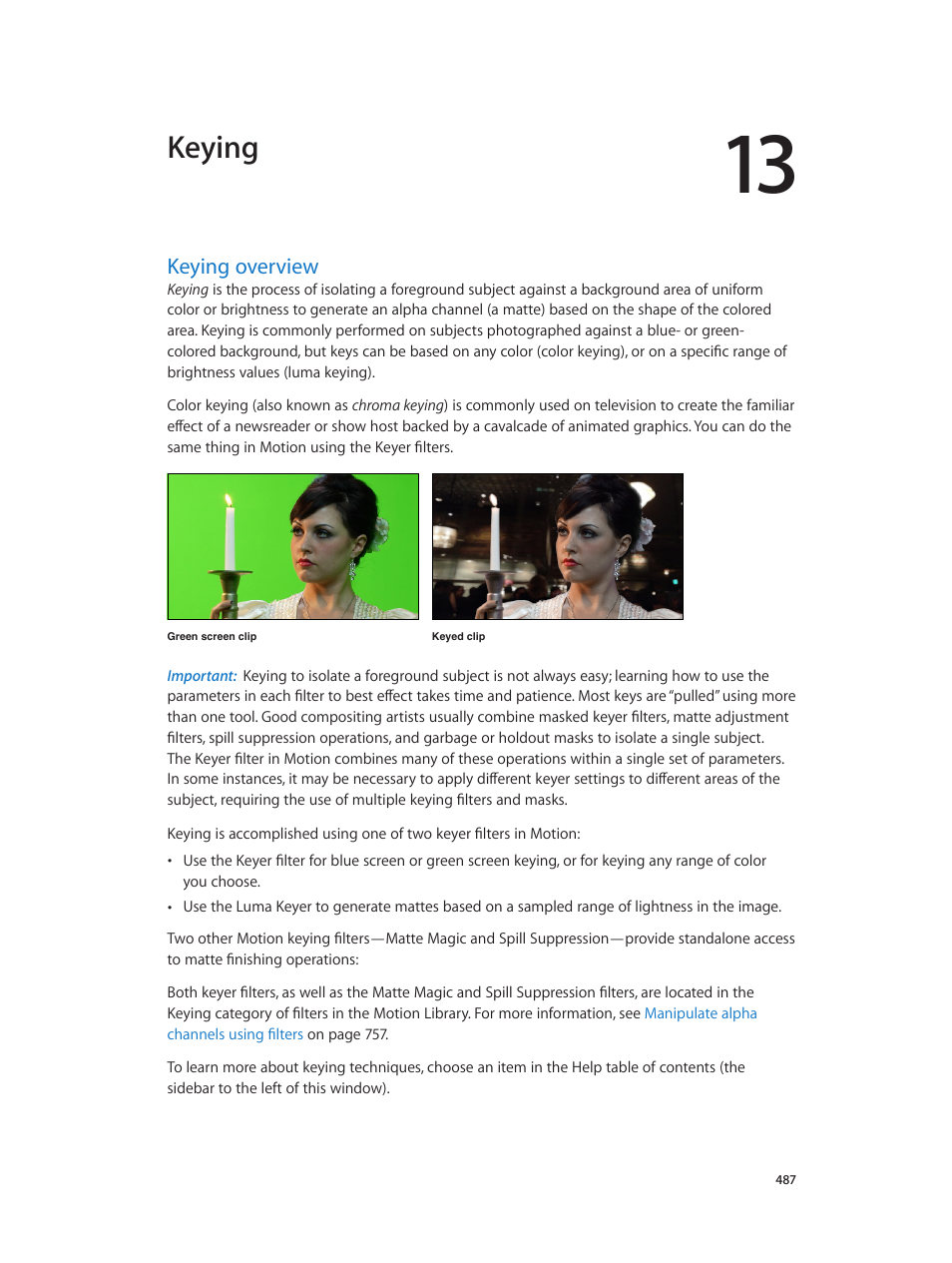Chapter 13: keying, Keying overview, 487 keying overview | Keying | Apple Motion 5.1.1 User Manual | Page 487 / 1090