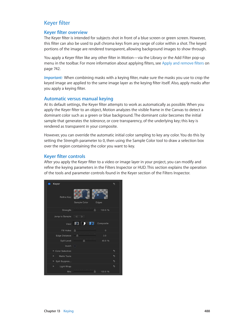 Keyer filter, Keyer filter overview, Automatic versus manual keying | Keyer filter controls, 488 keyer filter 488 | Apple Motion 5.1.1 User Manual | Page 488 / 1090