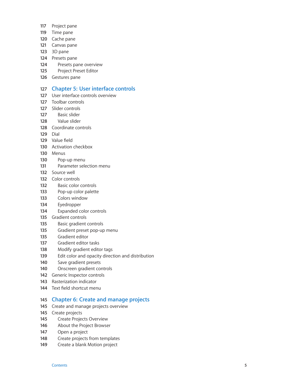 Chapter 5: user interface controls, Chapter 6: create and manage projects | Apple Motion 5.1.1 User Manual | Page 5 / 1090