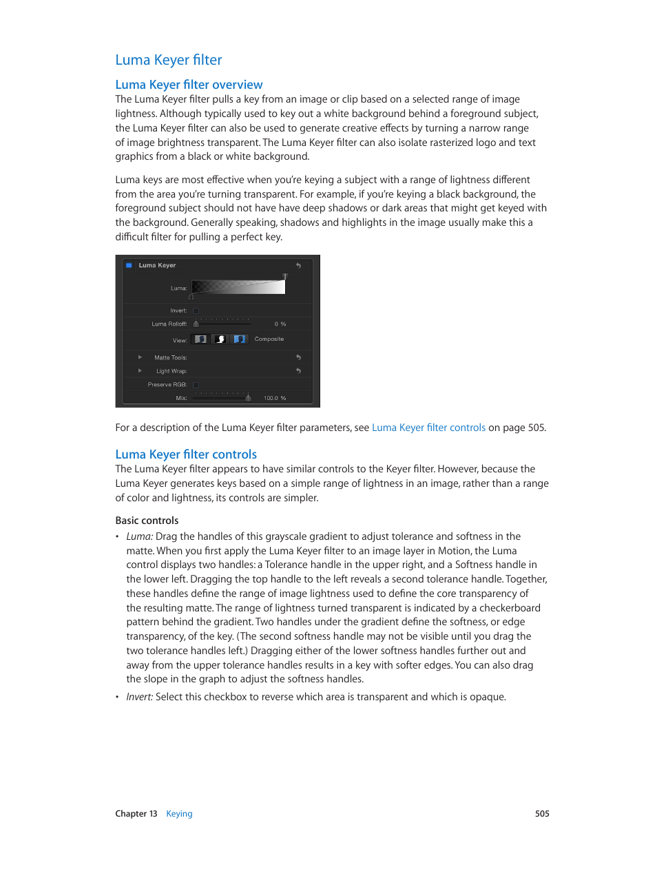 Luma keyer filter, Luma keyer filter overview, Luma keyer filter controls | 505 luma keyer filter 505 | Apple Motion 5.1.1 User Manual | Page 505 / 1090